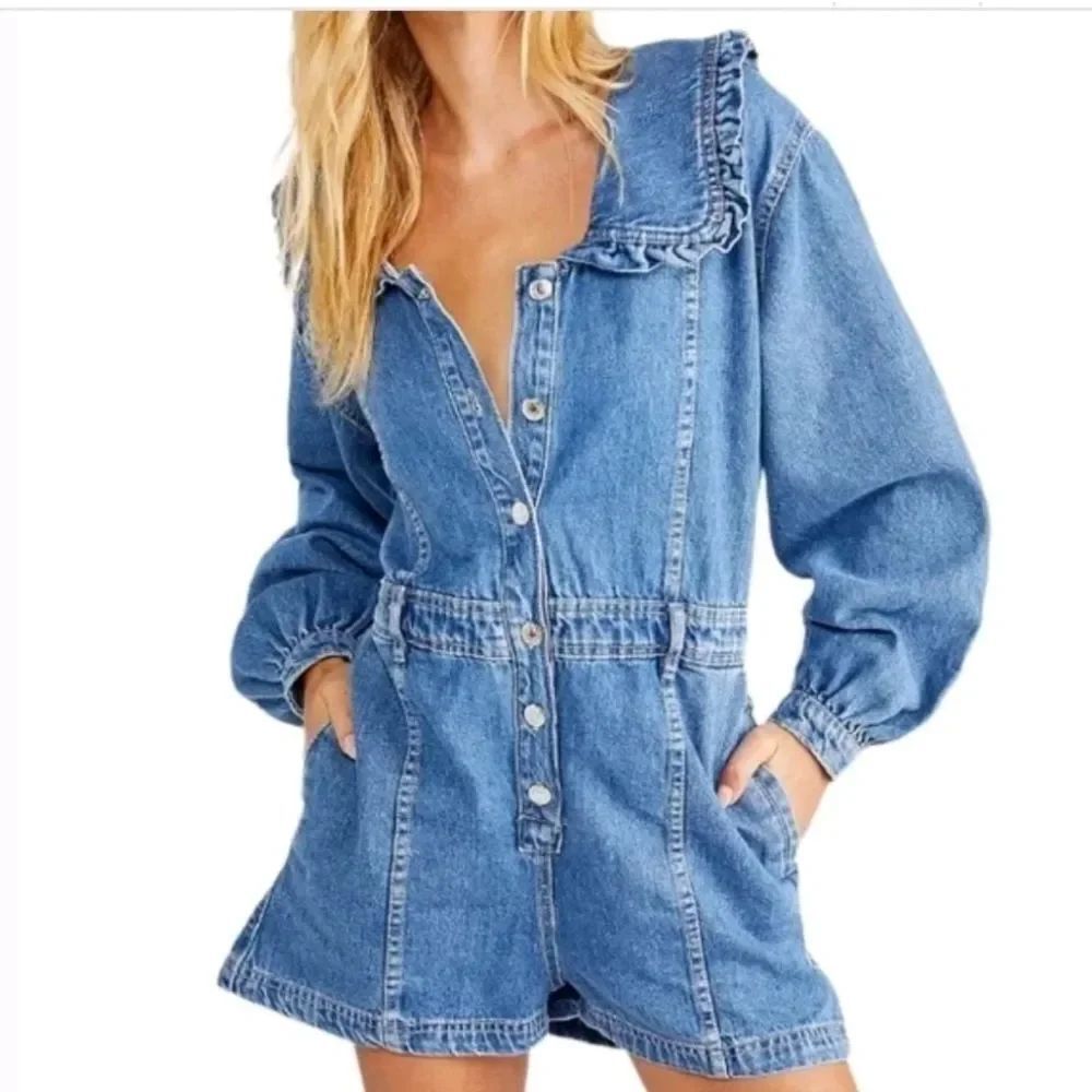 Free People Something Sweet Long Sleeve Jean Denim Romper Medium Wash Size XL